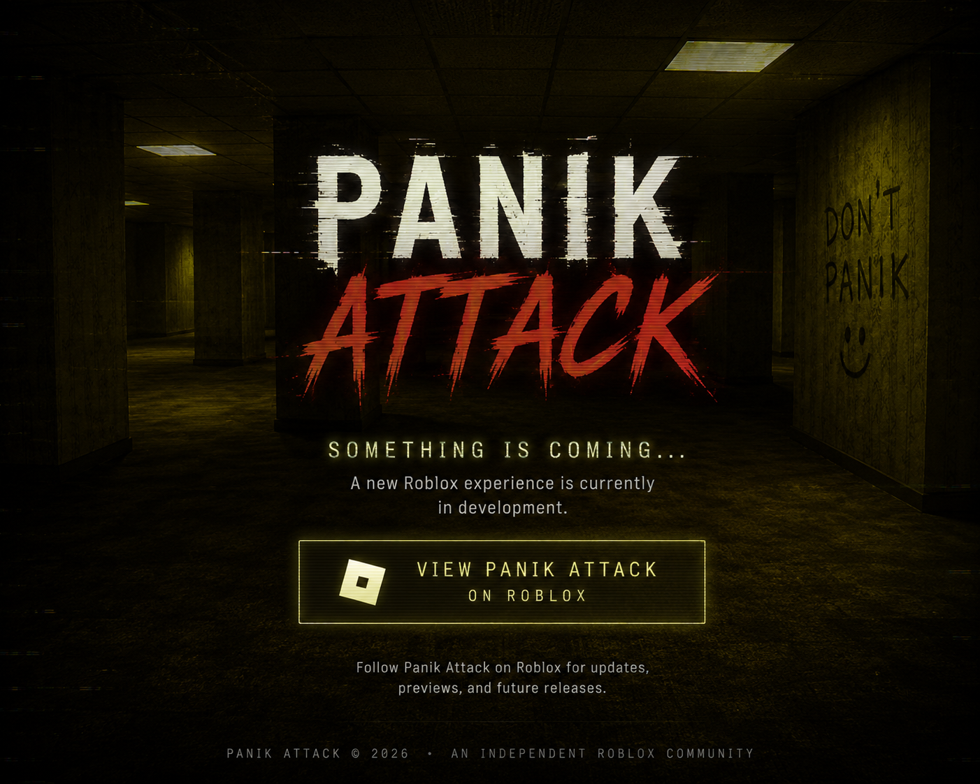 Panik Attack promotional artwork in a dark, fluorescent backrooms-inspired corridor.